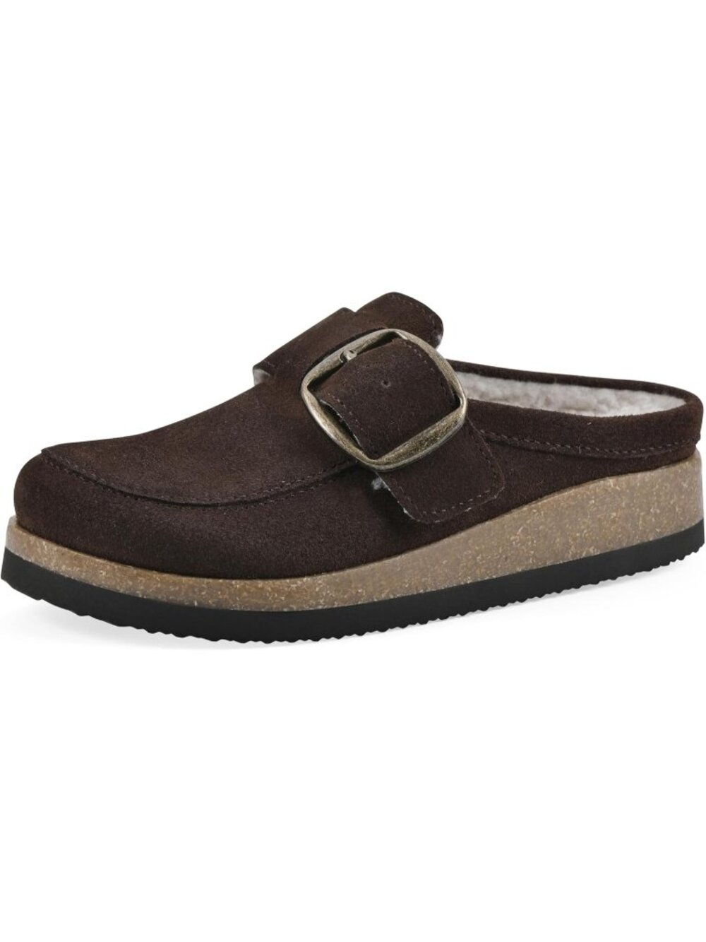 🆕Women's Dark Brown Suede Leather Big Buckle Foot bed Clogs Flat Slip On Mules